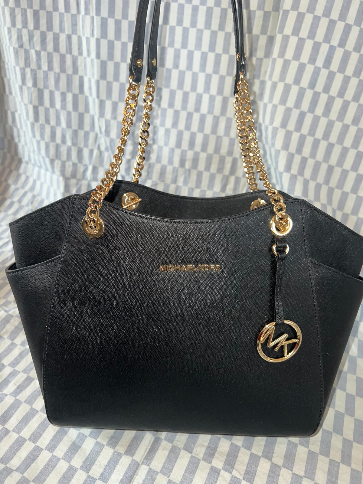 Michael Kors Jet Set Travel Large Chain Saffiano Leather Shoulder Tote Bag Black