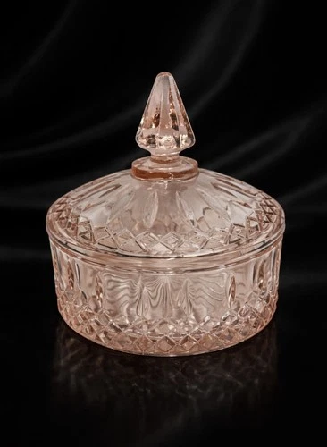 Vintage Pink Pressed Glass Covered Candy Dish w/ Finial Lid – Depression Style
