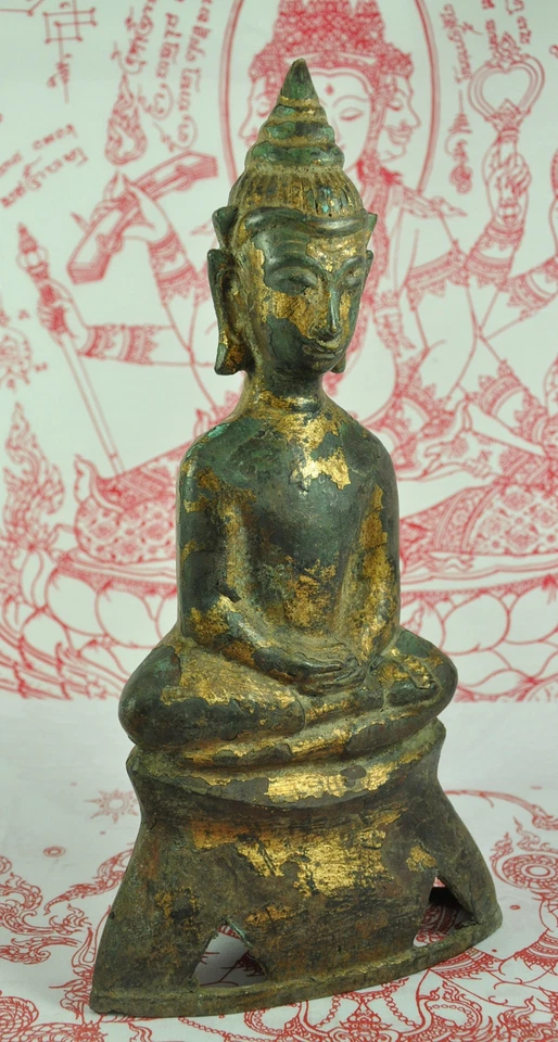 Antique Phra Chai Ngang King Emperor Thai Gilt Gold Bronze Buddha Figure Statue - Image 2 of 4