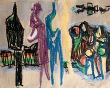 Mid 20th Cenrury Fantastic Surrealism Abstract Art School Watercolor Painting