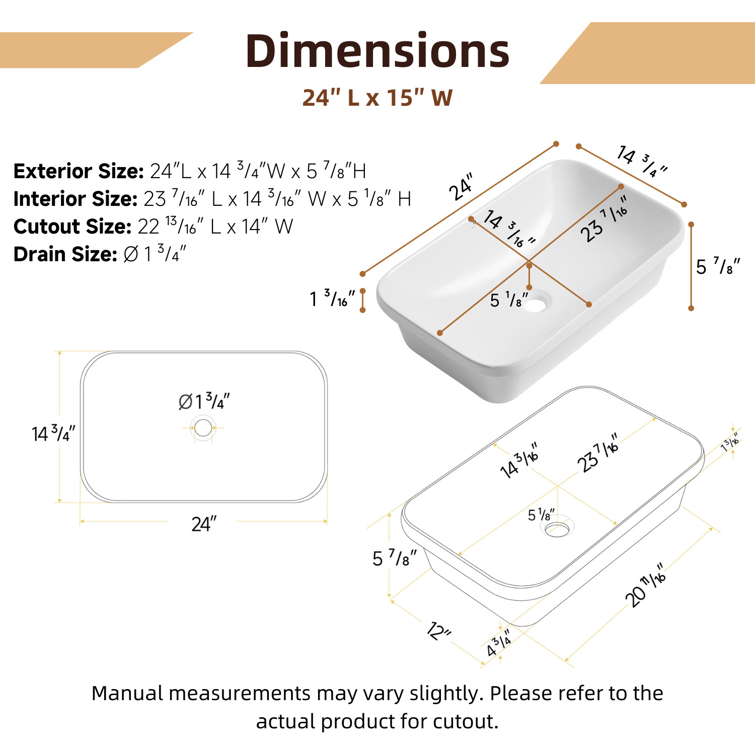 24"W x 15"D Drop-In Bathroom Sink, White Rectangular Semi-Recessed Sink & Drain