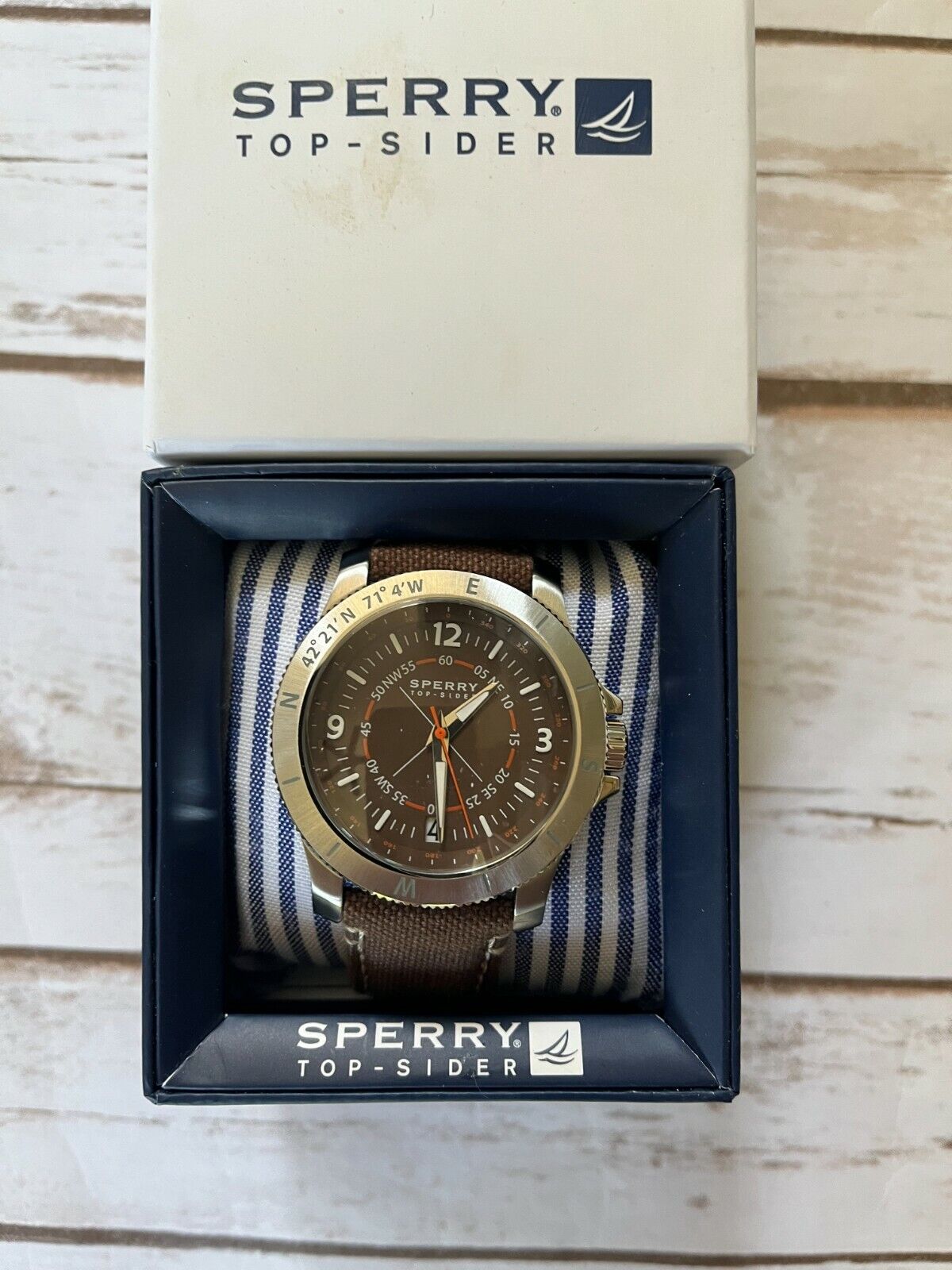 SPERRY TOP SIDER EXPLORER LEATHER STRAP WATCH 43MM BROWN SILVER MENS NEW $150