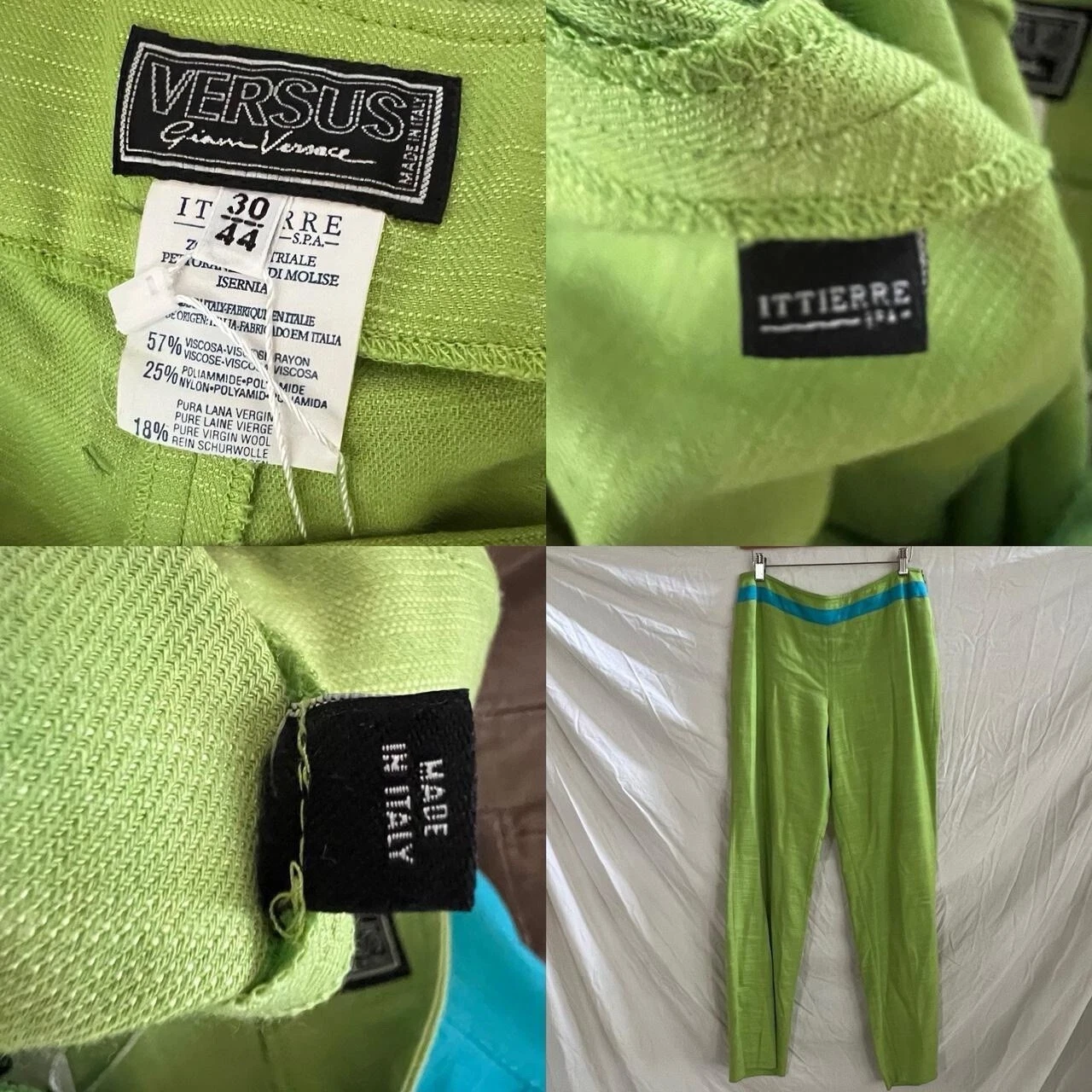 Pantalone Versace Versus verde lime brillante anni 90 con fascia in vita color verde acqua taglia 30” vita