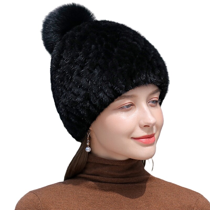 Real Mink Fur Hat Women Winter Warm Beanie Cap Fox Fur Pompom Black Beige  Khaki