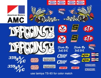 DRAGGIN FLY AMC  AHRA - NHRA Drag Car 1/18th Waterslide Decals