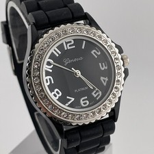 Geneva Womens Watch 38mm Case Gem Set Bezel Black Rubber Band Quartz