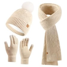 Womens Winter Hat Gloves Scarf Set, Warm Knit Pom Pom Beanie with Fleece Beige