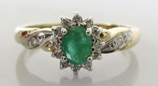 Gold Diamond Ring - 9ct Gold Oval Emerald Multi Diamond Oval Cluster Ring Size O