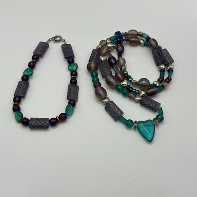 Stunning Artisan Made Art Glass Purple Teal Beaded Necklace & Bracelet Set