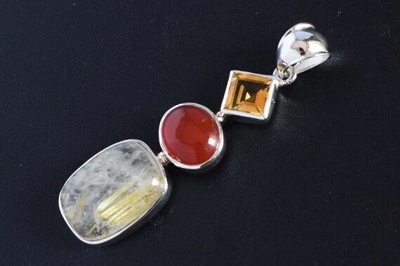Ciondolo quarzo rutilo dorato naturale argento sterling corniola citrino... - Immagine 3 di 4