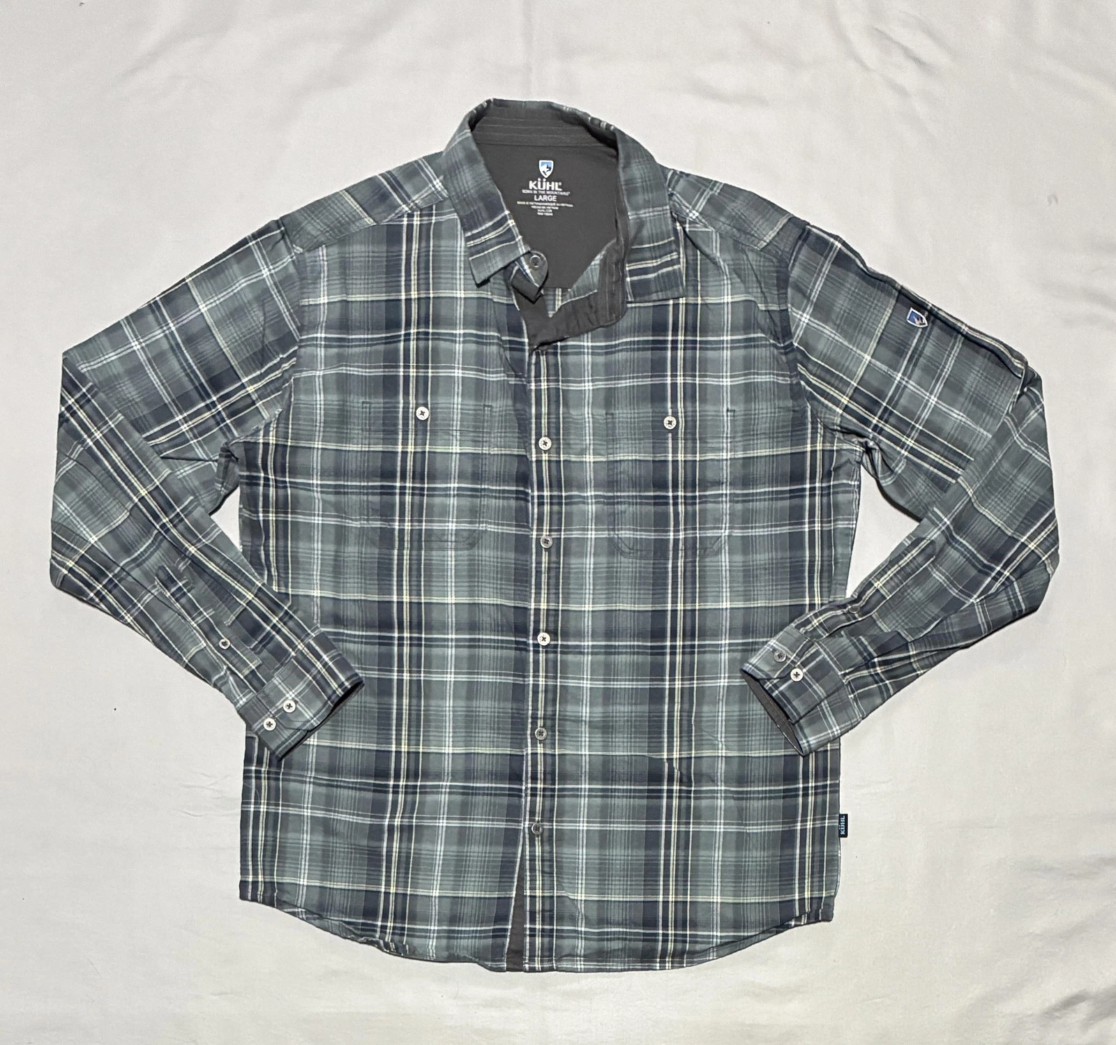 Kuhl Shirt Mens Large Gray Plaid Long Sleeve Button Up Outdoor Hiking Casual