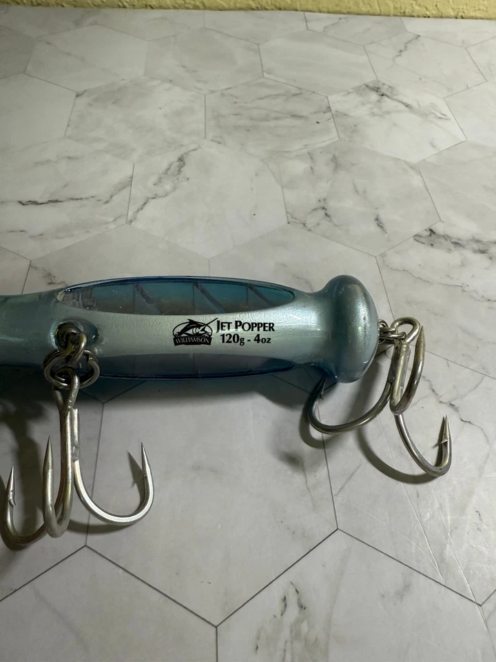 Señuelo de pesca Williamson Jet Popper superficie 120 gm azul oscuro plata azul ojos 3D Foto 2 de 4