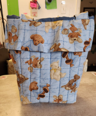Handmade Blue Teddy Bear Print Quilted Stroller Bag Detachable Strap
