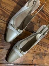 Ferragamo Ivory Beige Slingback Heels Bow Gold Logo Buckle Cap Toe Leather Women