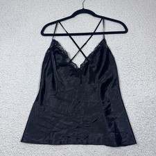 Frederick s Of Hollywood Satin Camisole Cami Lace Trim Black sz Large Open Back
