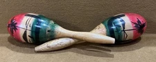Vintage Wood Maracas Hand Painted Pair Percussion Instrument Set 10” Tall.