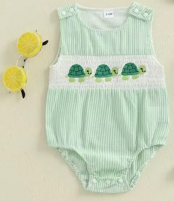 Baby Boys Boutique Green Smocked Turtle Bubble Romper Onepiece Seersucker Spring