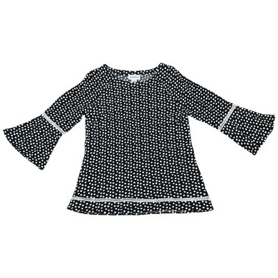 NEW Peck & Peck Blouse Top Crinkle Texture Spots Braided Trim Black White Small