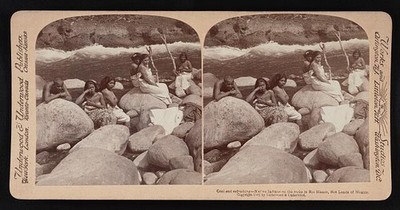 Cool refreshing--native Indians rocks Rio Blanco, hot lands Mex historic photo
