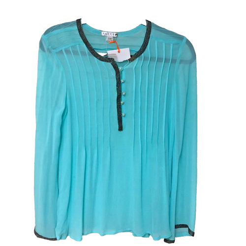 NWOT Nougat London Blu Pintuck Silk Tunic Top Women 2 3 Beaded Sheer Fairy