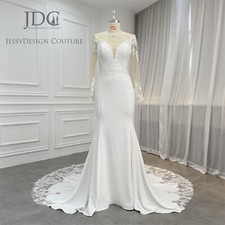 Crepe Lace Wedding Dress Bridal Gown Custom made Mermaid 2-28W Sleeves Buttons