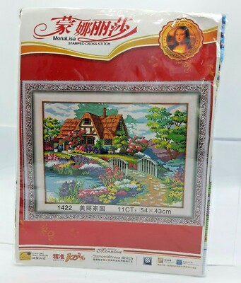Monalisa Stamped Cross Stitch New DMC Chinese Cottage Scene Bridge Flowers