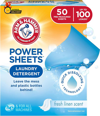 Power Sheets Laundry Detergent, Fresh Linen 50Ct, up to 100 Small Loads (Packagi