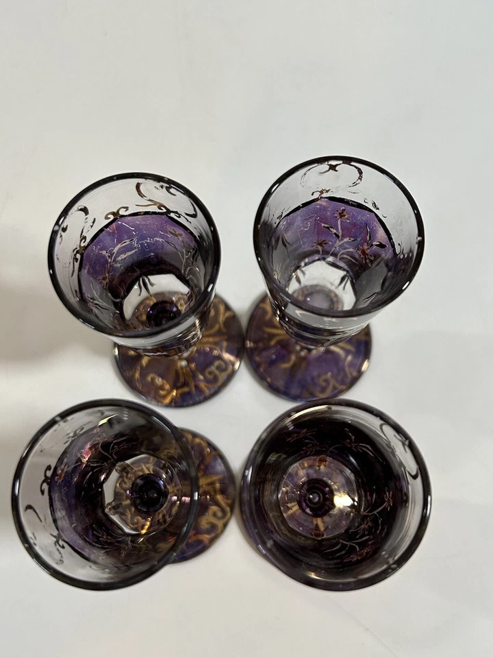 4 Antique Bohemia Cordial Glasses Amethyst Hand-painted Floral Gilt Daisy. - Image 3 of 4