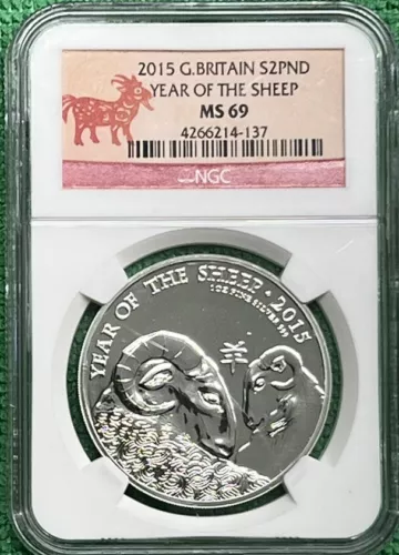 2015 Great Britain 2 Pound Silver NGC MS69 Year of the Sheep.  TOP POP.