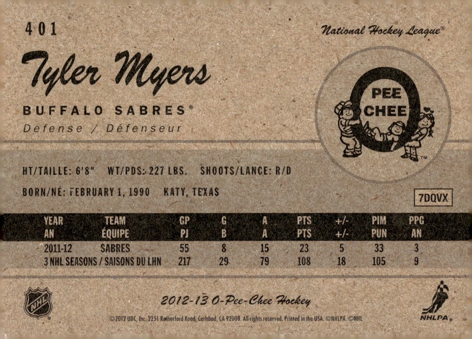 Tyler Myers - Signed 2012-13 O-Pee-Chee Retro Card #401 - Buffalo Sabres - Image 2 of 2