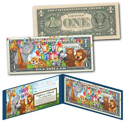 HAPPY BIRTHDAY Zoo Animals Youth Colorized Genuine Legal Tender U.S. $1 Bill