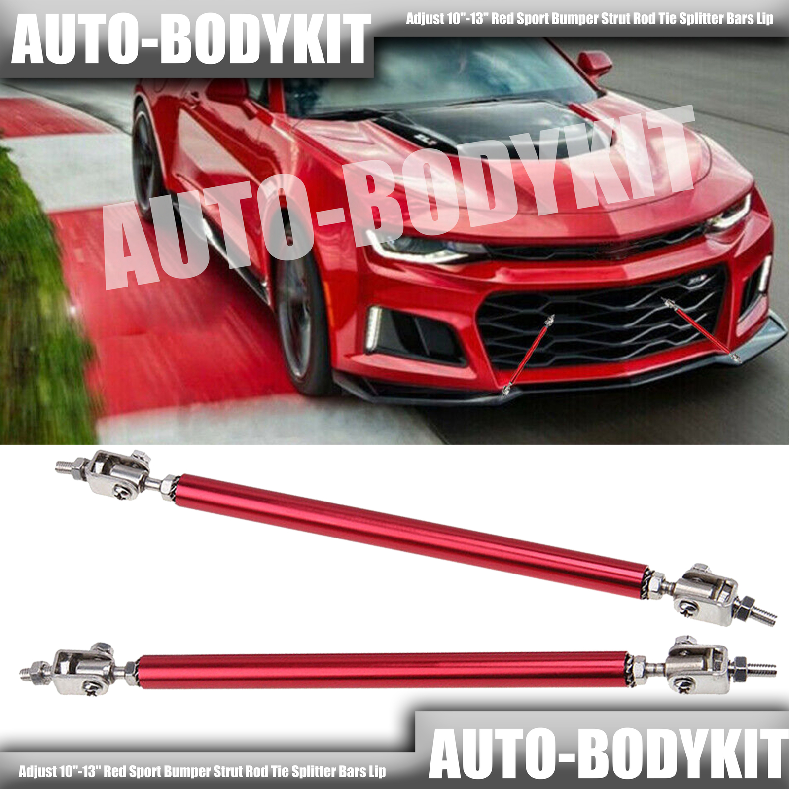 Red Adjustable Front Bumper Splitter Tie Rods For 2010-2013 Chevy Camaro - Lip Stabilizer Bars