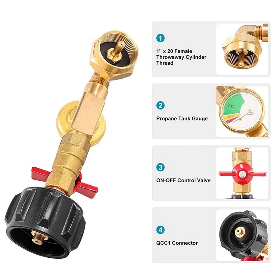 Adaptador de recarga de propano de tanque de 1 lb a 20 lb con medidor y válvula de control de encendido y apagado EE. UU. Foto 3 de 4