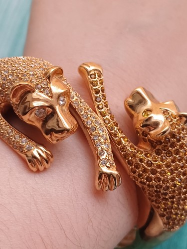 Atemberaubender 80er Jahre schwerer 2 Panther Raubkatze Rinstein aufklappbarer Armreif Armband - Bild 8 von 20