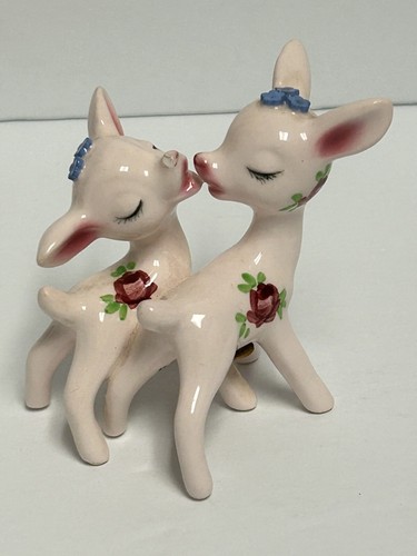 Vintage PY Pink Kissing Deer Salt and Pepper joined Miyao B672 Flower Bow HTF - Picture 5 of 12