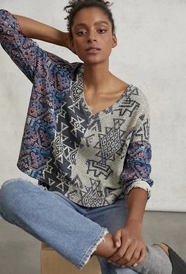 Anthropologie Pilcro Women s Moira Pullover Blue Motif Tribal Cotton Size XS $88