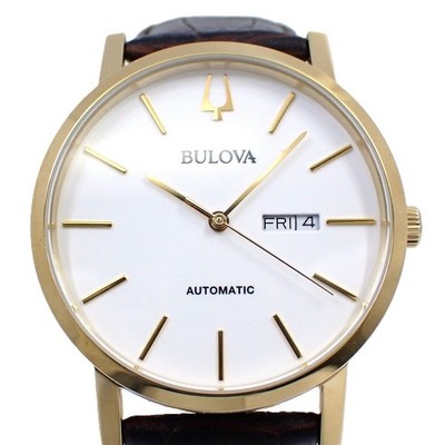 Excellent BULOVA Automatic Men's Watch Day-Date Gold GP White Dial Genuine