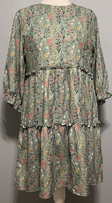 Zink London Floral Tiered Midi Dress Green Boho Cottagecore Prairie Flowy XL