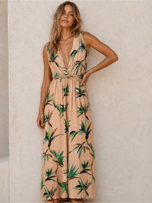 rachel pally green dress Tropical Print Deep V Tie Waist Maxi NWOT Medium Maxi dress