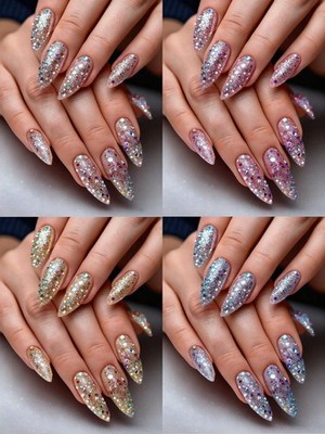Multicolor Glitter Almond Press On Nails With UV Coating 24pcs