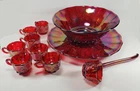 Vintage Mosser Red Carnival Glass Punch Bowl Grape Panel Pattern w/ Cups & Ladle
