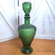 Vintage Green Glass Decanter Genie Bottle Leaf Diamond Pattern w/Stopper 10.5"