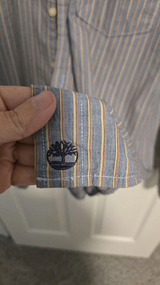 Camisa Timberland Para Hombre L Abotonada Azul Amarillo Rayas 100% Algodón De Colección Años 90 Y2k Foto 3 de 4