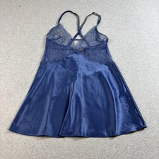 Victoria's Secret Chemise Nightie Womens Medium Navy Lace Satin Rhinestone Strap