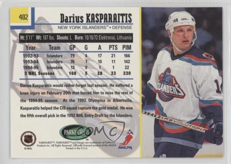 1995-96 Parkhurst International Darius Kasparaitis #402 - Image 2 of 2