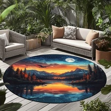 HKStorage Round Area Rug - Blue Mountain Sunset Design, Polyester, Machine-Made,