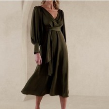 NEW Banana Republic Celestial Olive Blouson Sleeve Satin Preppy Maxi Dress 10P