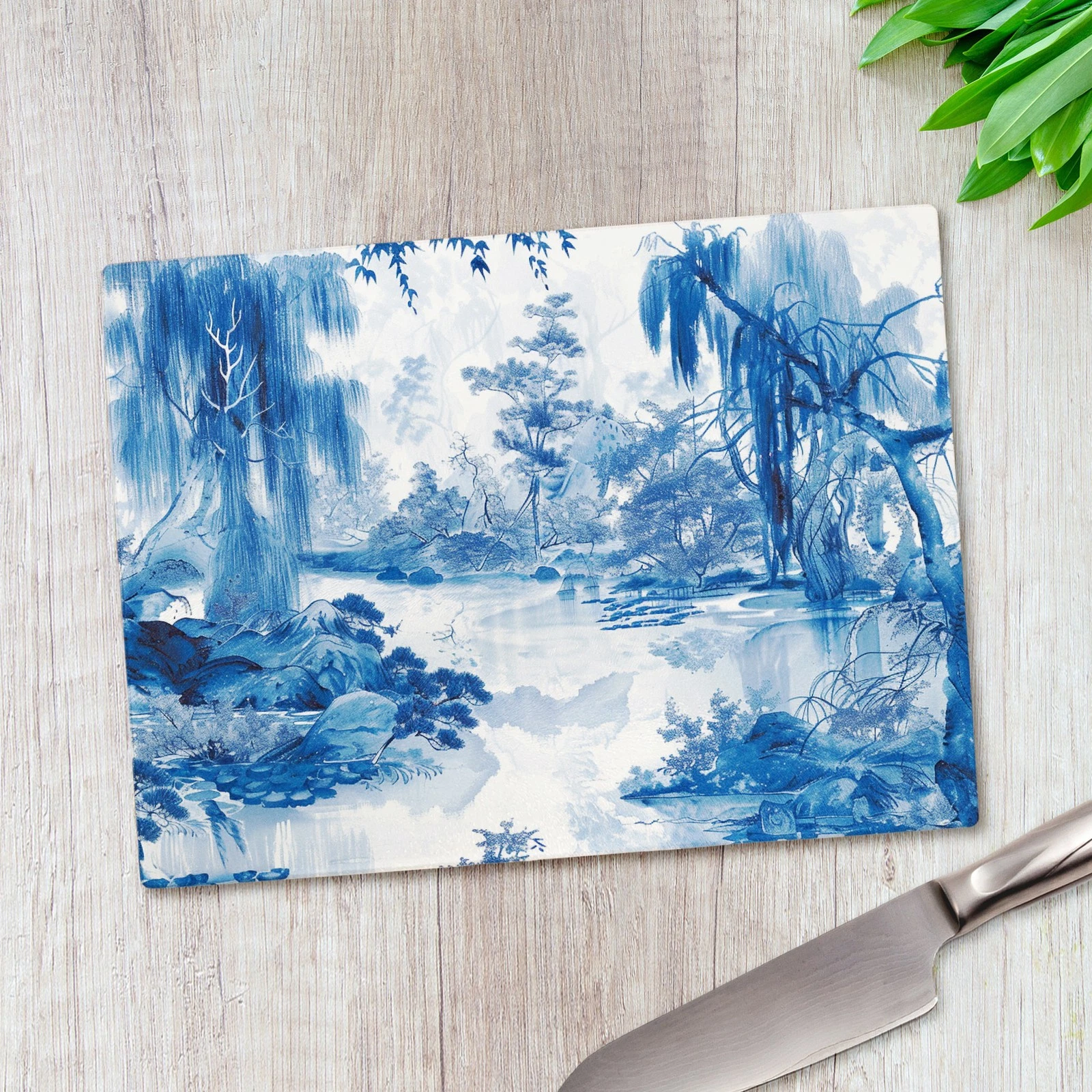 Willow Tree Scene Blue White Glass Chopping Board Large Kitchen Worktop Saver