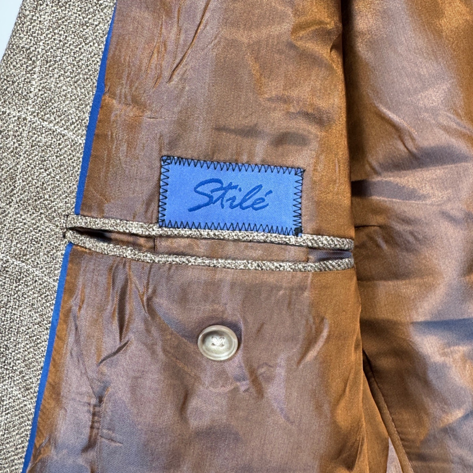 Stile Bespoke Blazer Sport Coat Men 46L Beige Plaid 2 Button Italian Wool Jacket