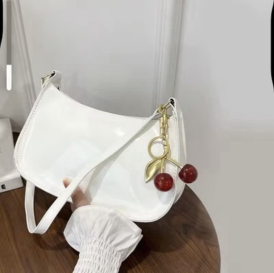 White Crescent Hobo Shoulder Bag, Zipper Closure, Adjustable Strap, Cherry Charm